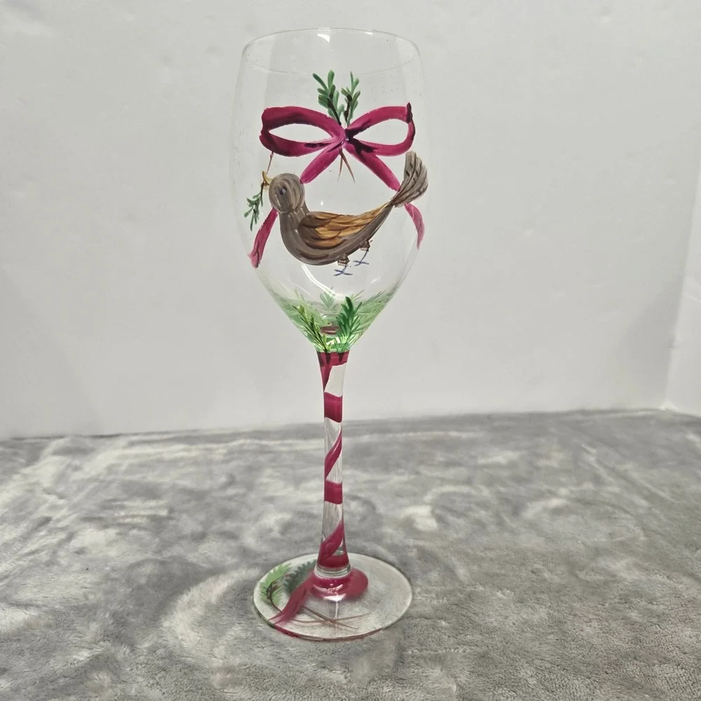 Hand Painted Christmas Wine Glass Bird with Pink Bow Holiday Stemware Festive